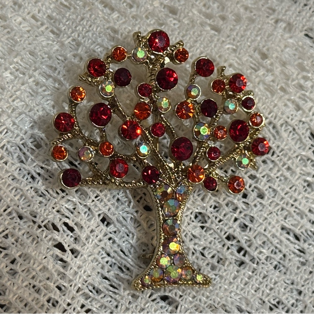 Monet Tree Of Life Brooch Pin Red Pink Rhinestones Gold Tone